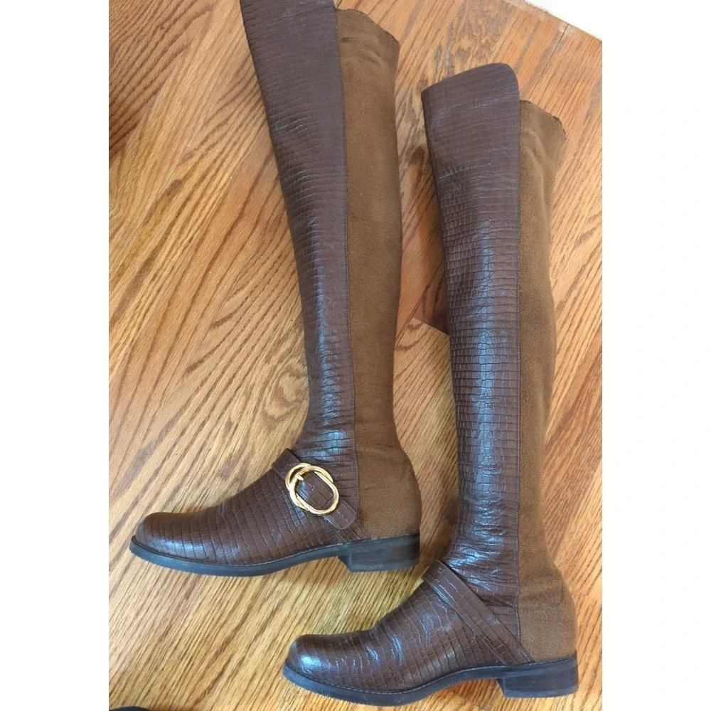Stuart Weitzman Women SIELLA Croc Embossed Leather Over Knee Boots Coffee 6 M